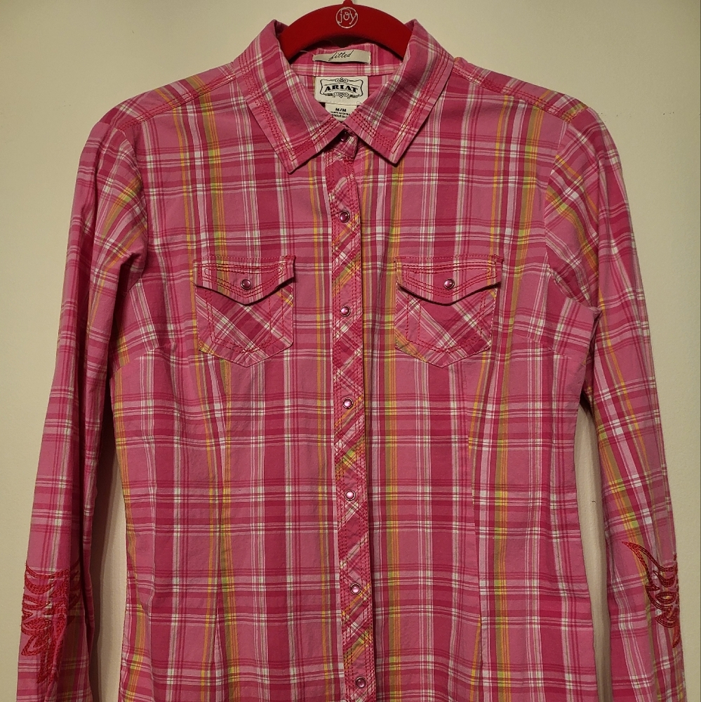 Ariat Fitted Western Plaid Pink Embroidered, Snap Button Down Shirt Medium